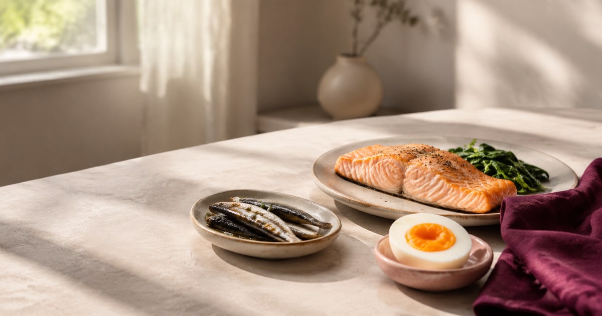 Salmone, sardine e uovo illuminati dalla luce naturale del mattino, alimenti che possono apportare vitamina D.
